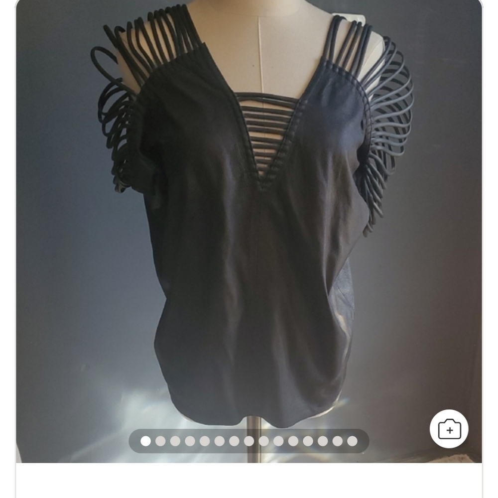 Vtg St. Tropez Black Strappy Fringe V-Neck  Leather Top - Picture 15 of 15